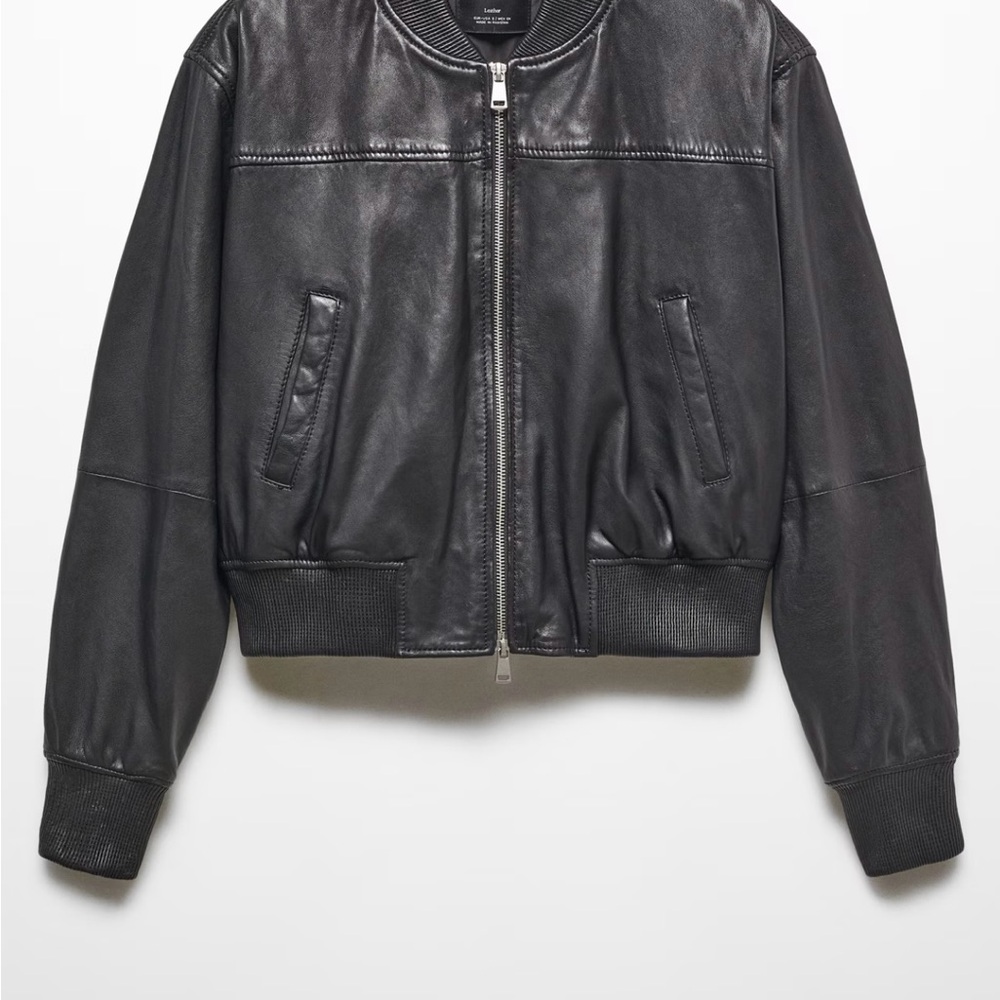 Mango Classic Black Leather Bomber Jacket - Picture 9 of 11